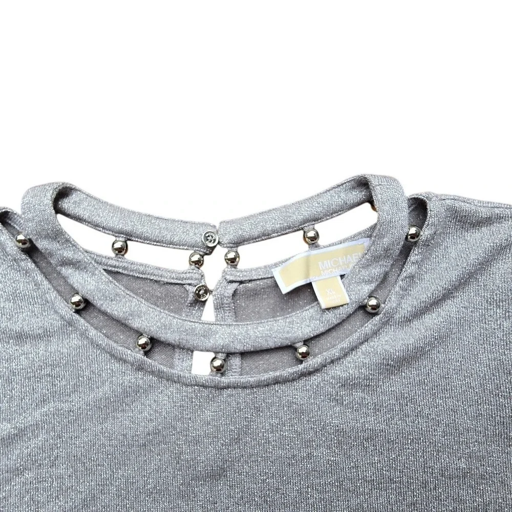 MICHAEL‎ KORS Silver Metallic Cutout Cold Shoulder Long Sleeve Top XL